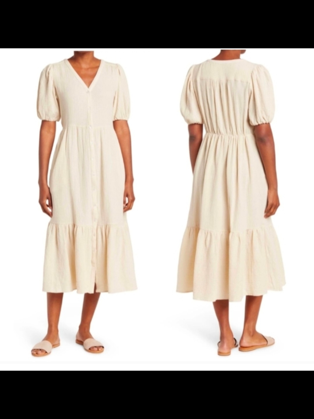 Cream Gauze Puff-Sleeve Midi Dress
